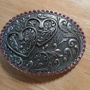 Cowgirls Western Metal Oval Belt Buckle Double Hearts Pink Rhinestone Border